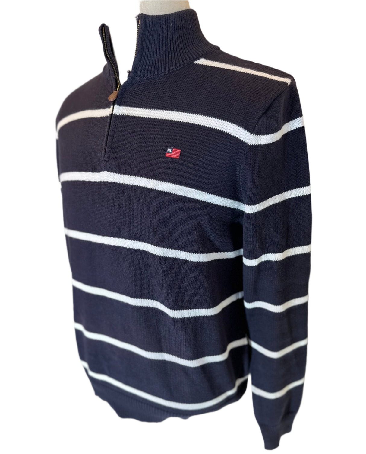 Polo Jeans Co. 100% Cotton 1/4 Zip Navy Striped Preloved Sweater Size Medium*