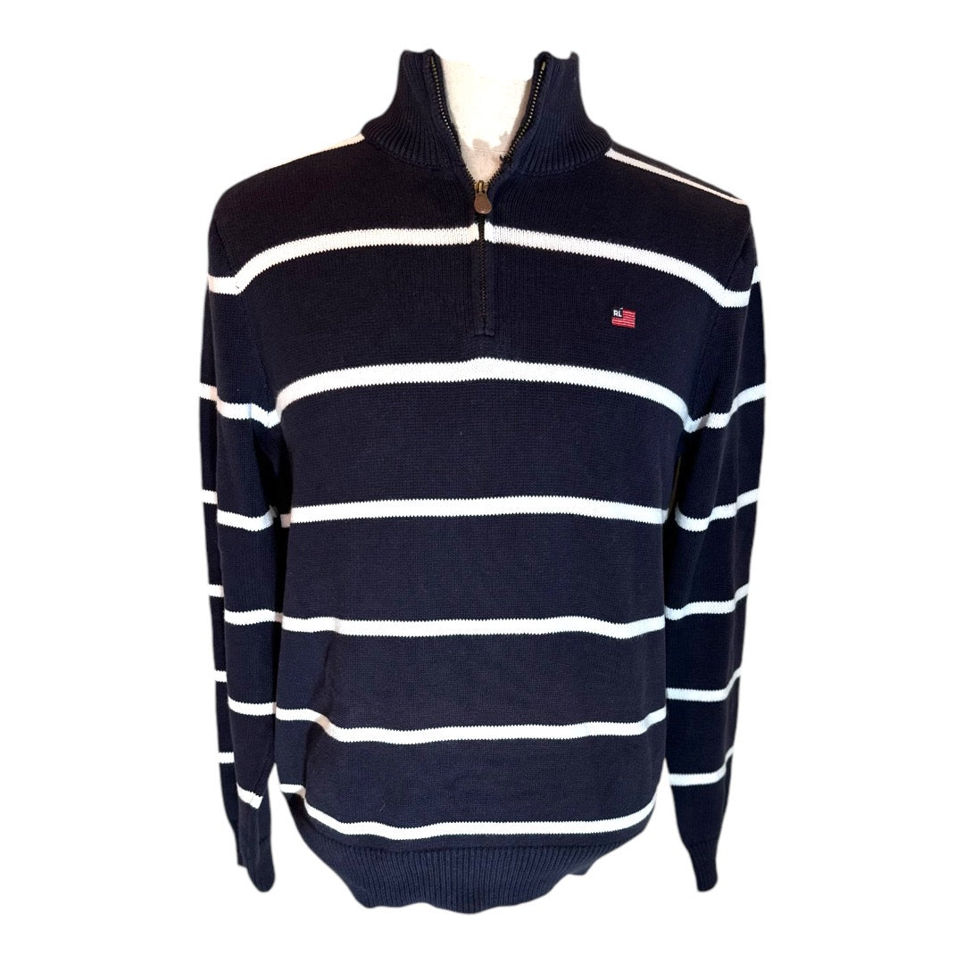 Polo Jeans Co. 100% Cotton 1/4 Zip Navy Striped Preloved Sweater Size Medium*