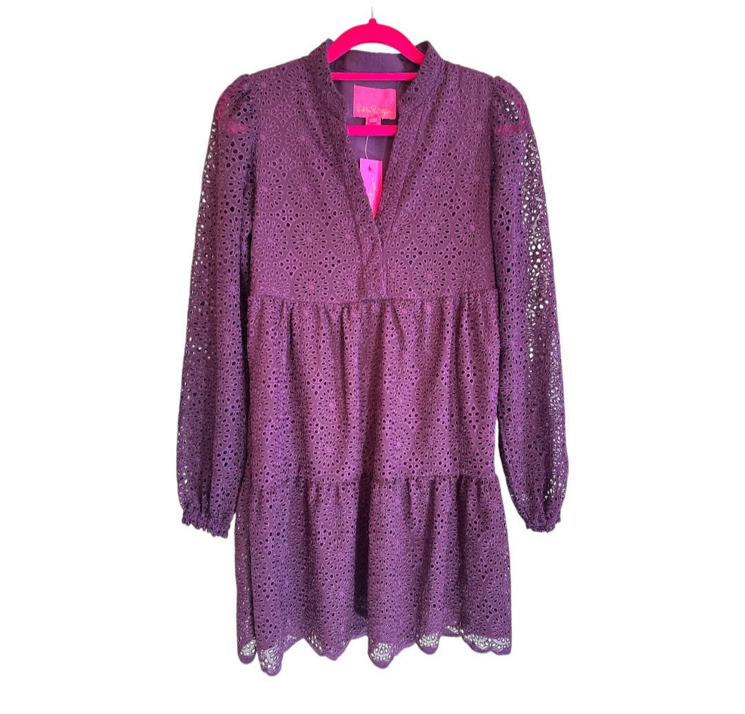 Lily Pulitzer Cherry Ganache Winona Long Sleeve Eyelet Dress Size XXS