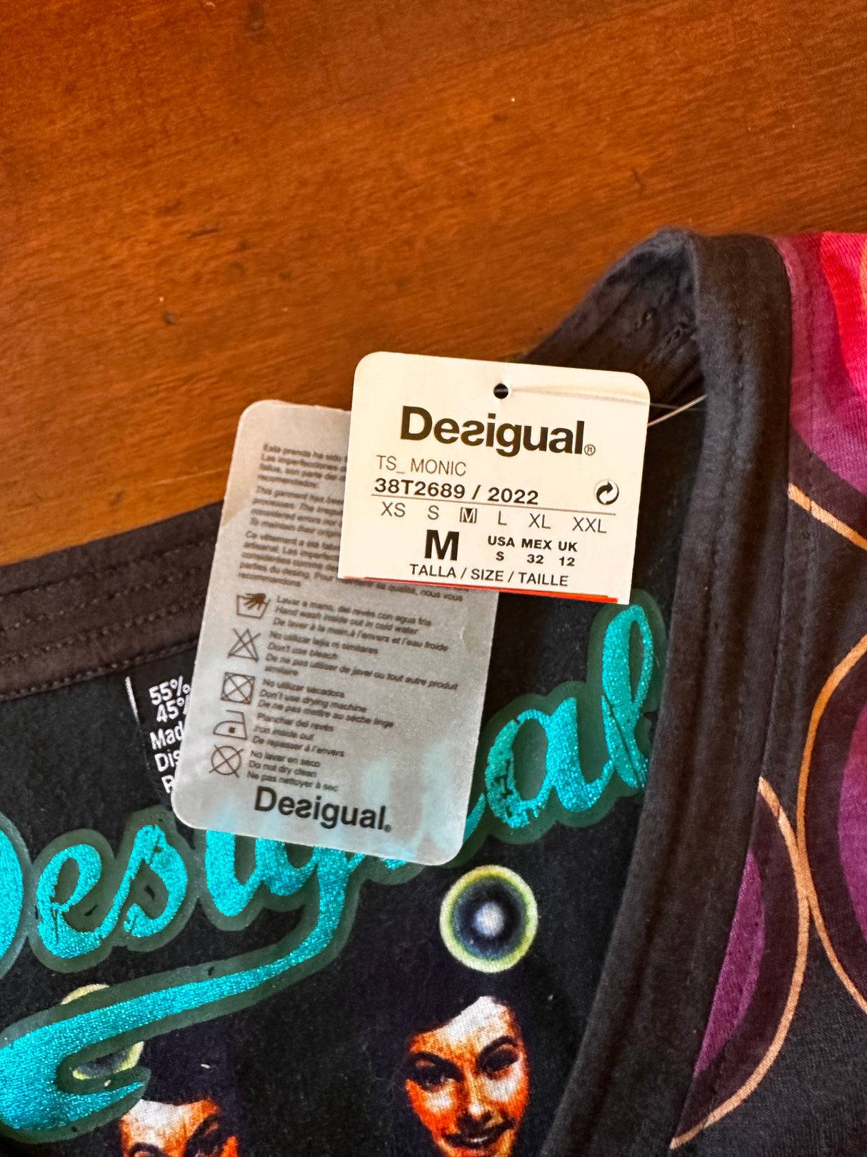 Desigual Multicolor V Neck Cotton Blend Womens Top Size Medium NEW