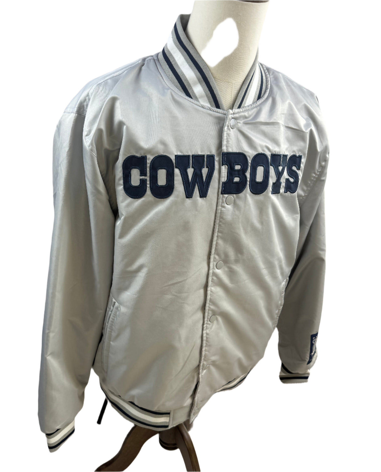 Ultra Game NFL Dallas Cowboys Varsity Bomber Silver Embroidered Snap Jacket