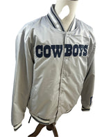 Ultra Game NFL Dallas Cowboys Varsity Bomber Silver Embroidered Snap Jacket