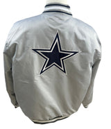 Ultra Game NFL Dallas Cowboys Varsity Bomber Silver Embroidered Snap Jacket