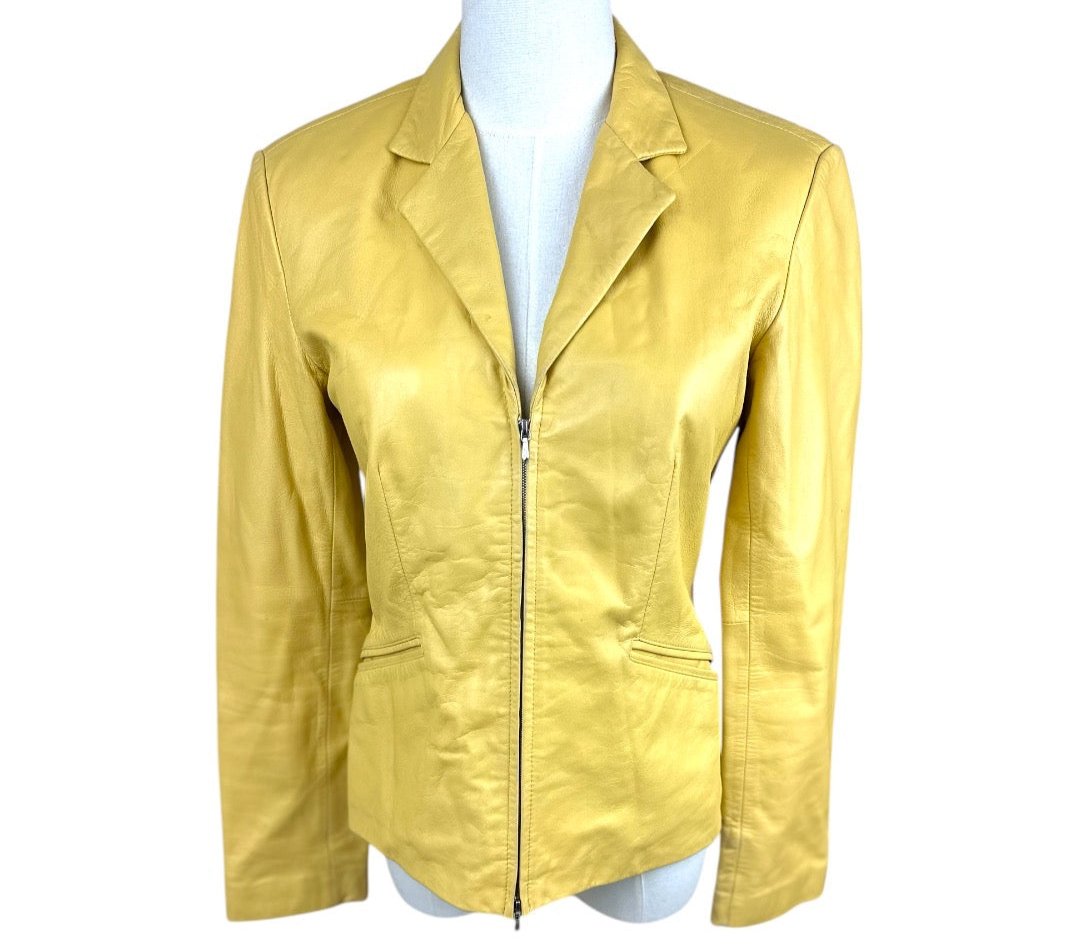 Ann Taylor 90's Retro Yellow Soft Leather Womens Full Zip Jacket Size XSmall*