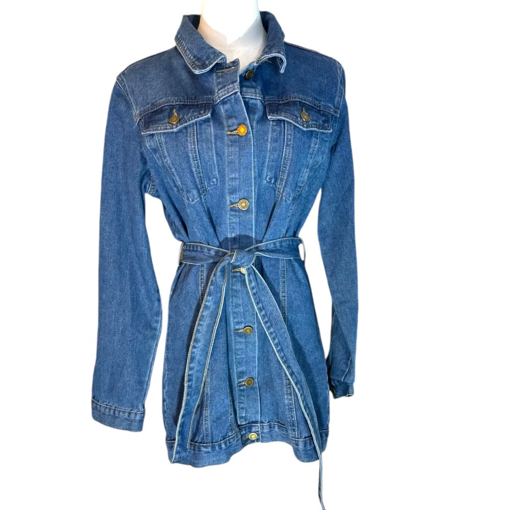 Boohoo Blue Belted Western Denim Shirt Dress Size 8