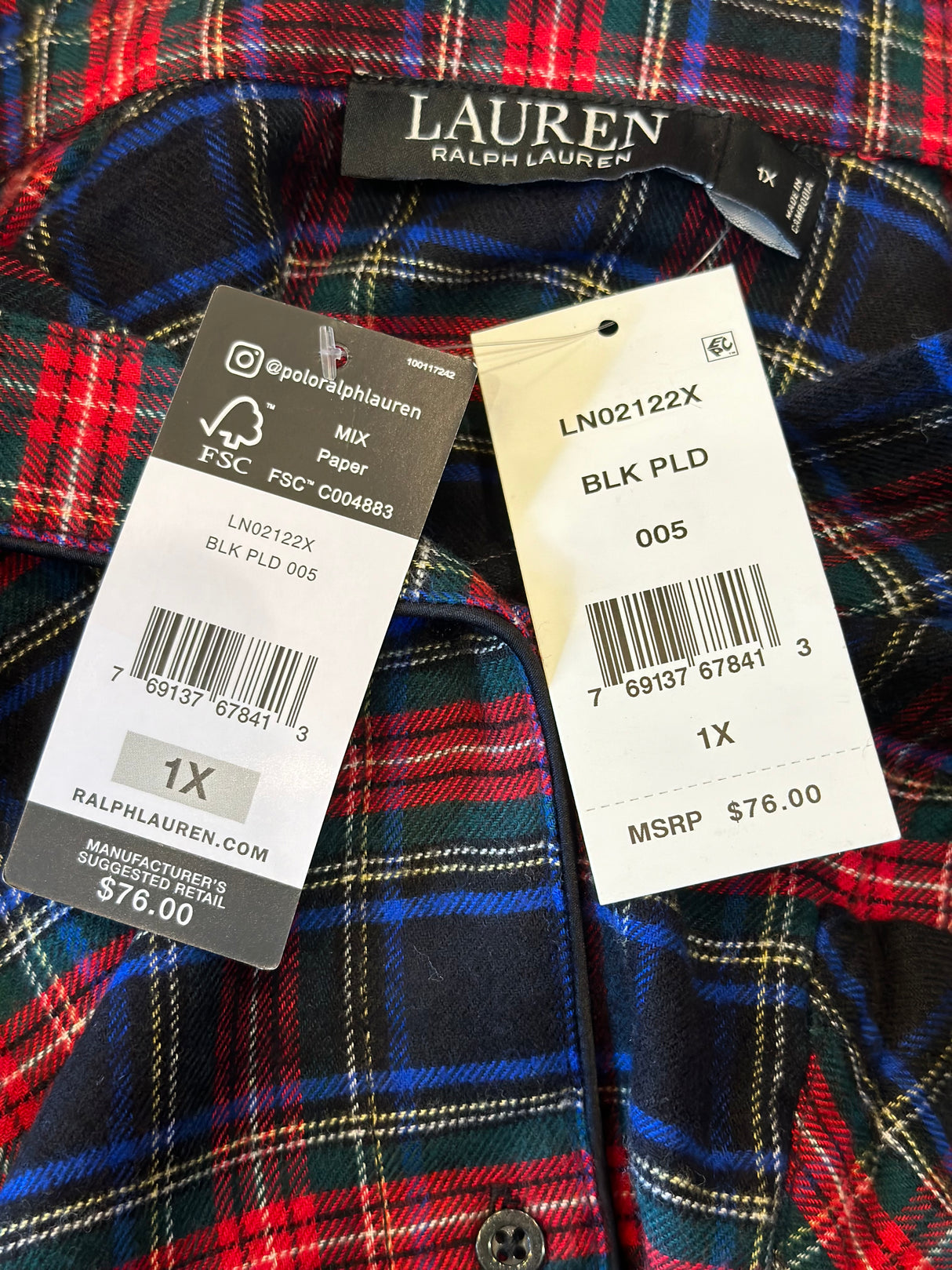 LAUREN Ralph Lauren Plaid Flannel Ballet Sleep Shirt Size 1X