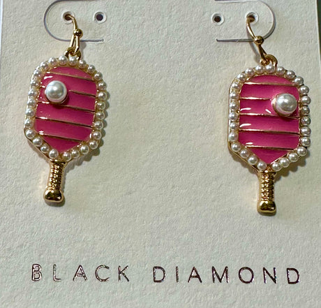 Black Diamond Preppy Pink Pickleball Earrings