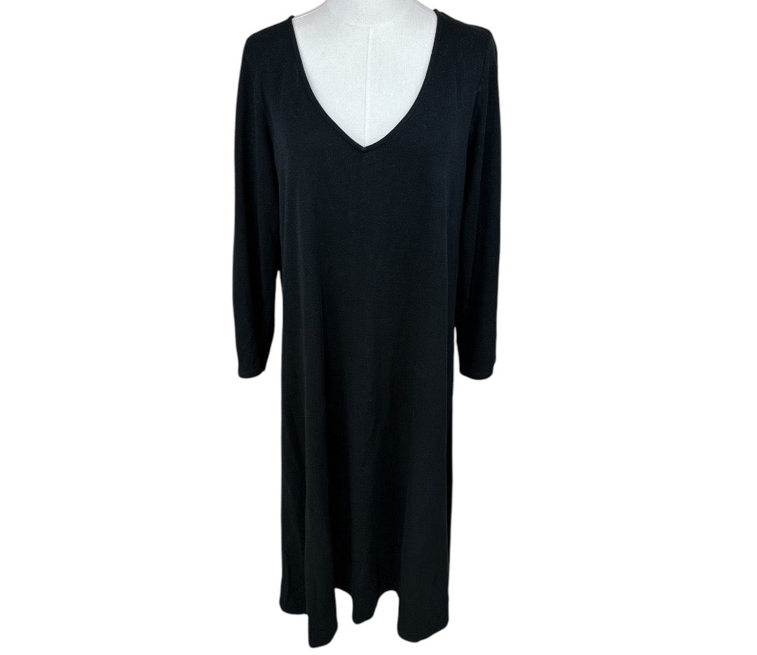 Eileen Fisher Black V Neck Stretch Jersey Preloved Midi Dress XL*