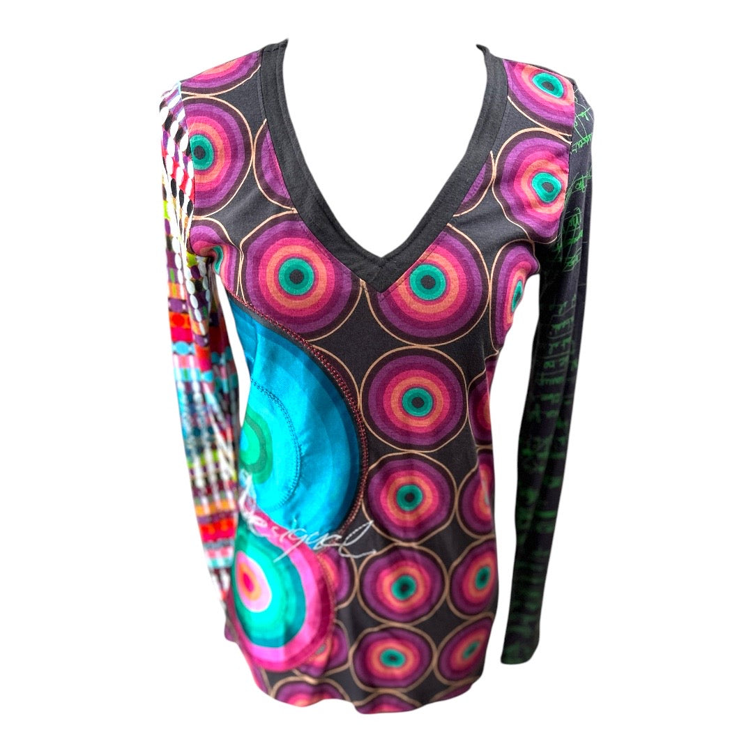 Desigual Multicolor V Neck Cotton Blend Womens Top Size Medium NEW