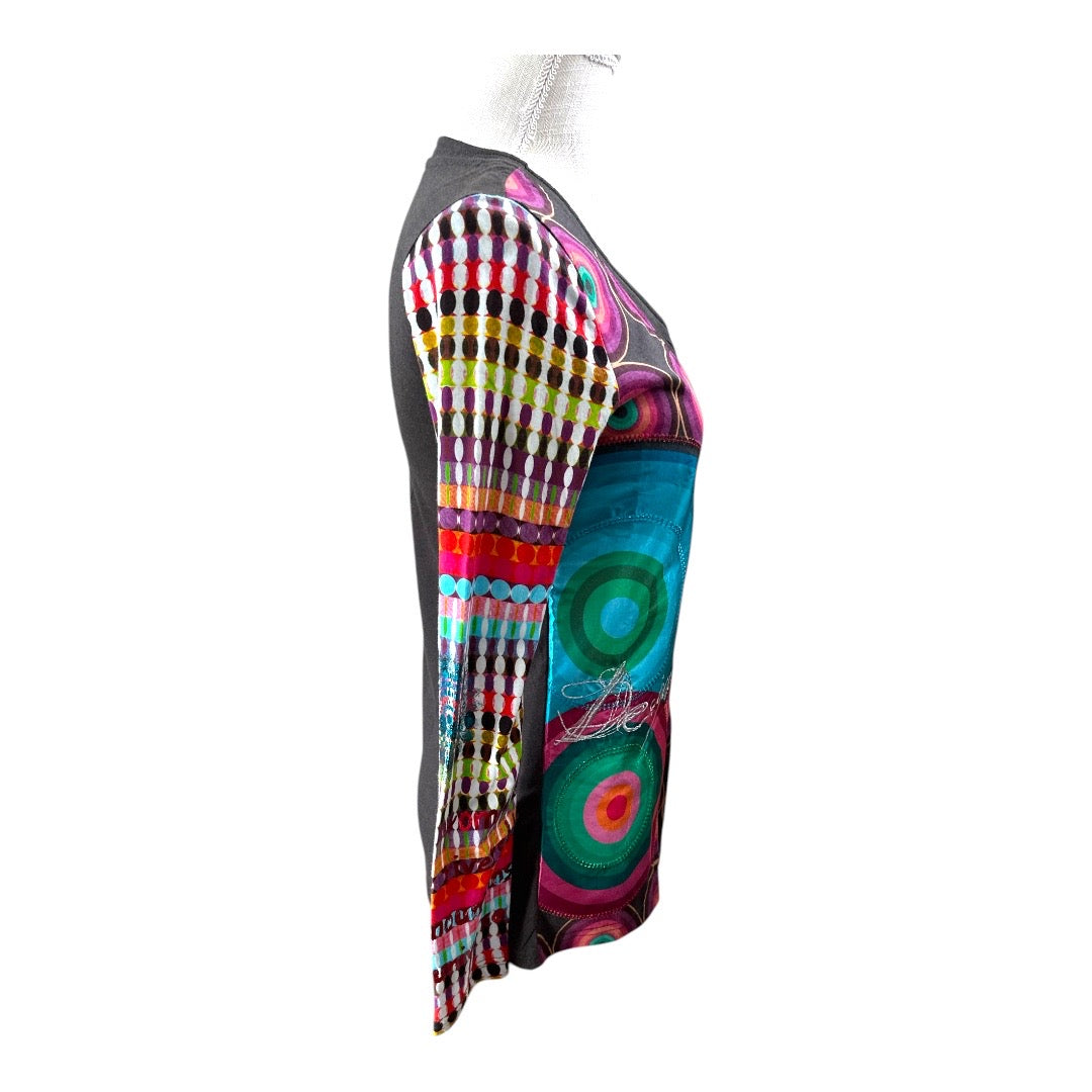 Desigual Multicolor V Neck Cotton Blend Womens Top Size Medium NEW