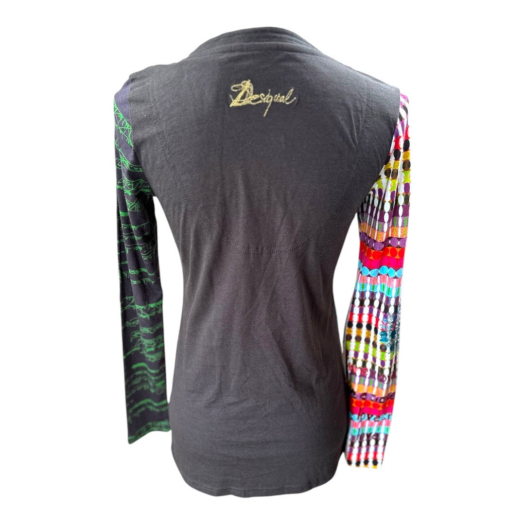 Desigual Multicolor V Neck Cotton Blend Womens Top Size Medium NEW