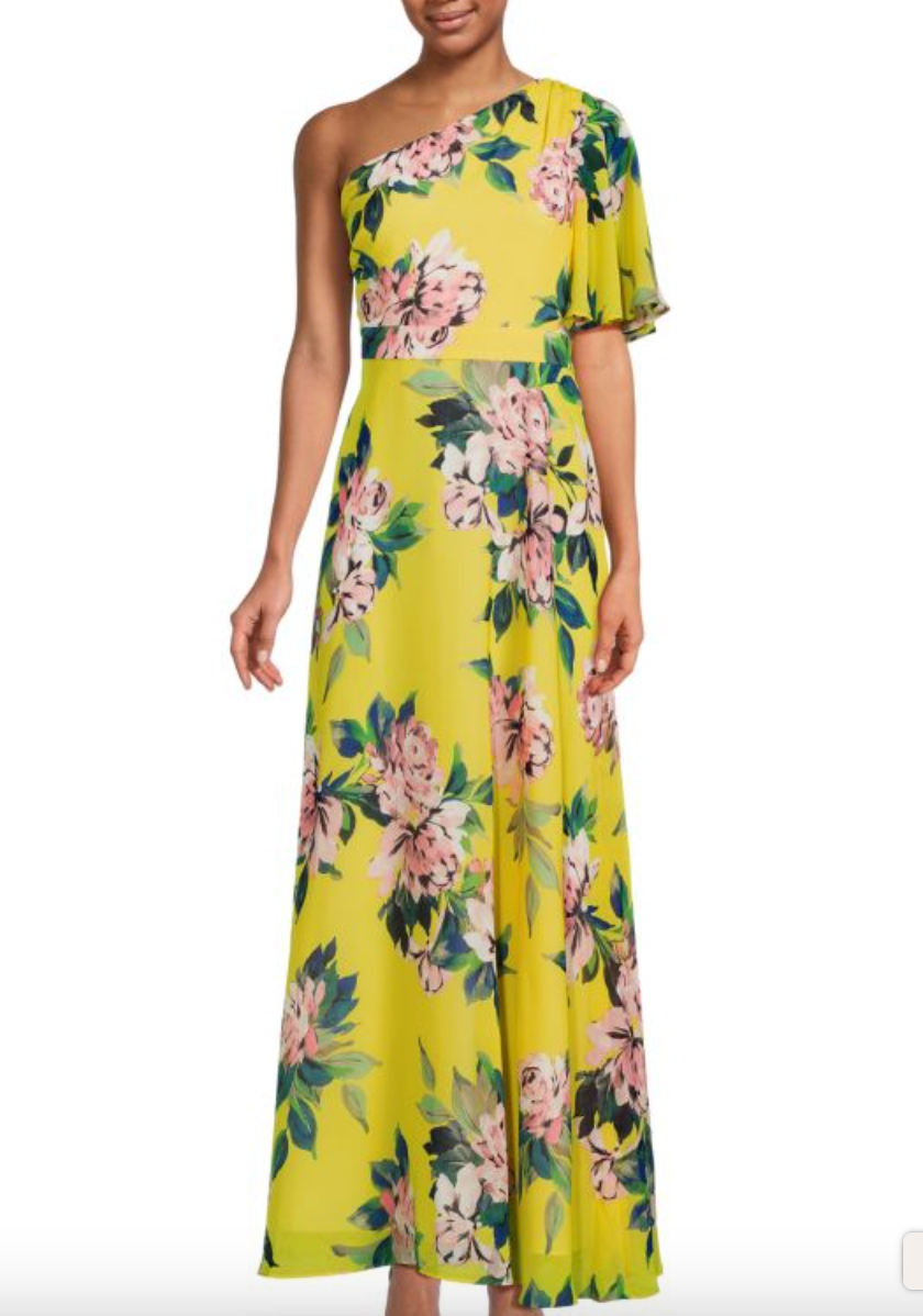 Eliza J. One Shoulder Yellow Floral Womens Maxi Dress Size 6