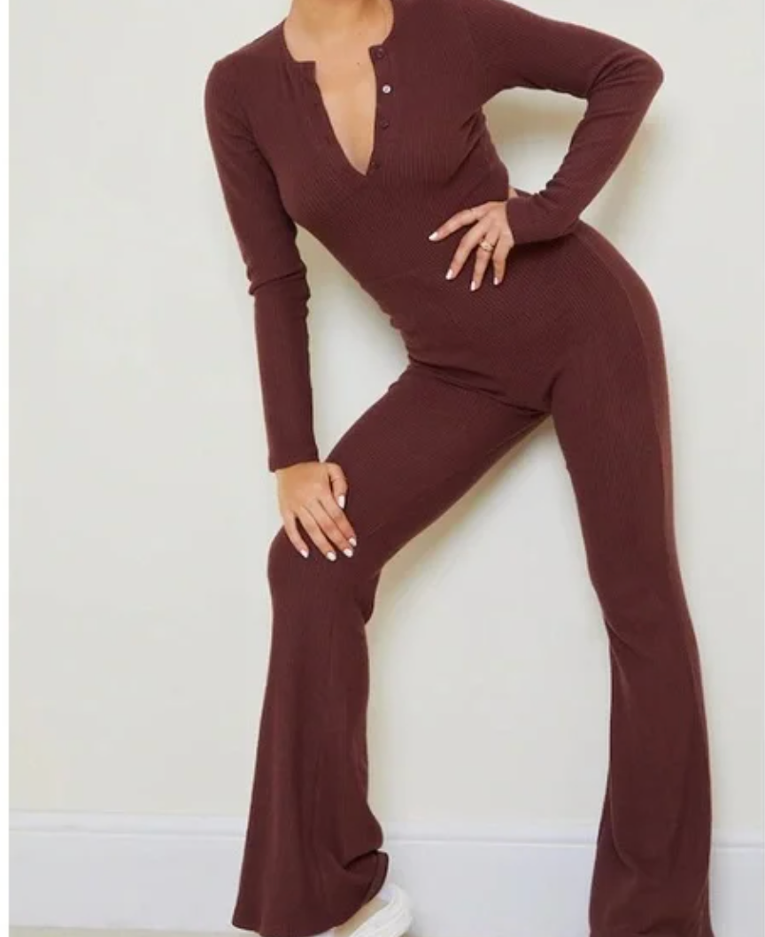 Pretty Little Thing Chocolate Wine Wide Stretch Leg Jump Suit Size 4