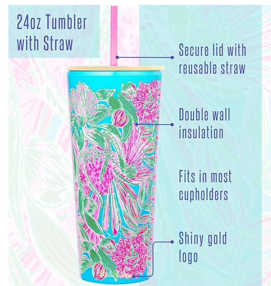 Lily Pulitzer Green Garden 24oz Tumbler with Straw