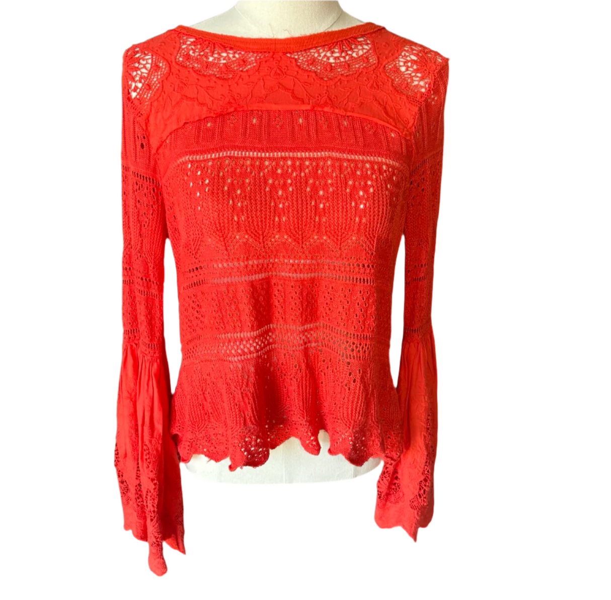 Free People Blood Orange Crochet Vintage Sweater Size XS*